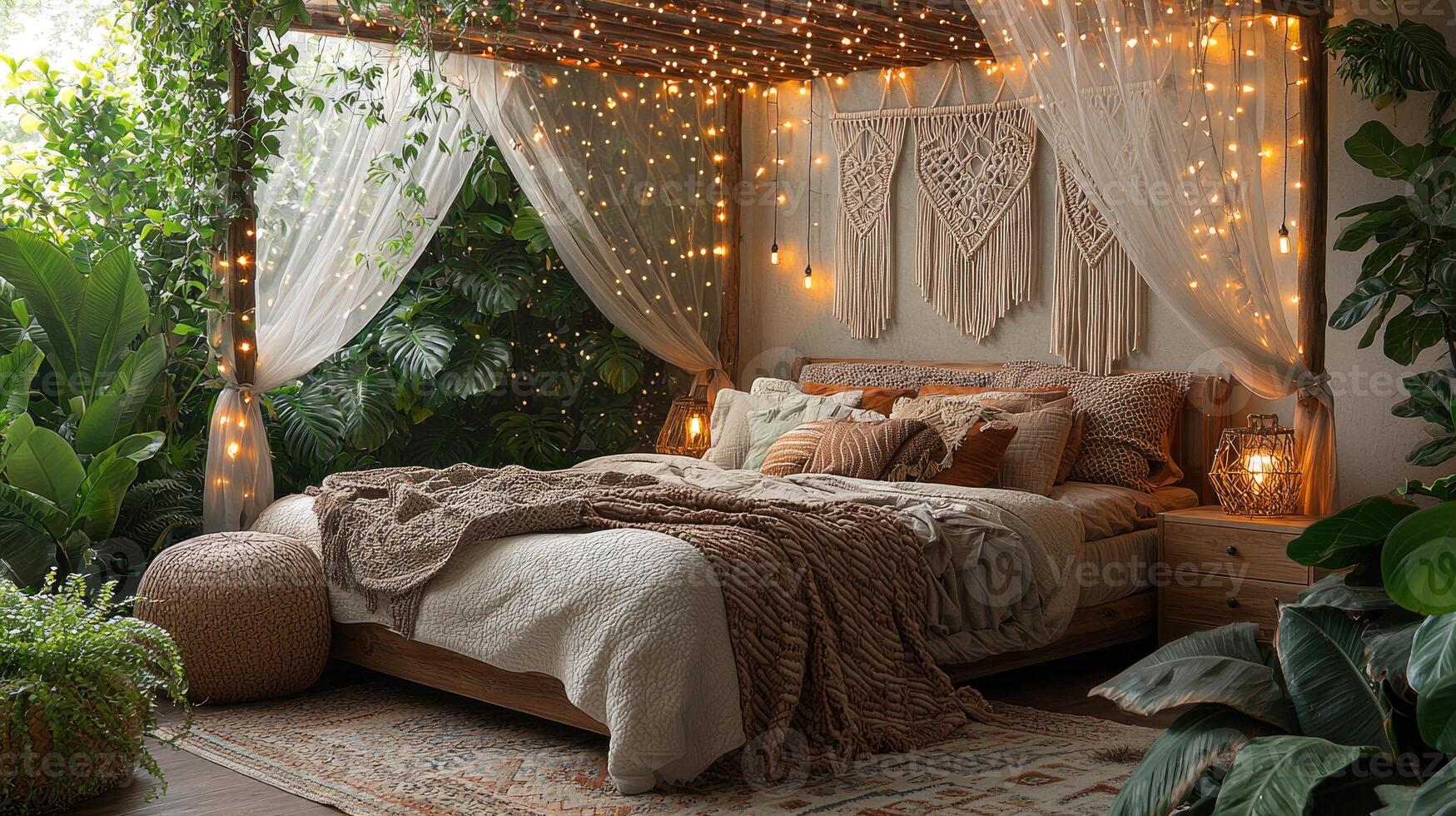 A Cozy Bedroom Scene With Decorative Bed And Plants Around photo