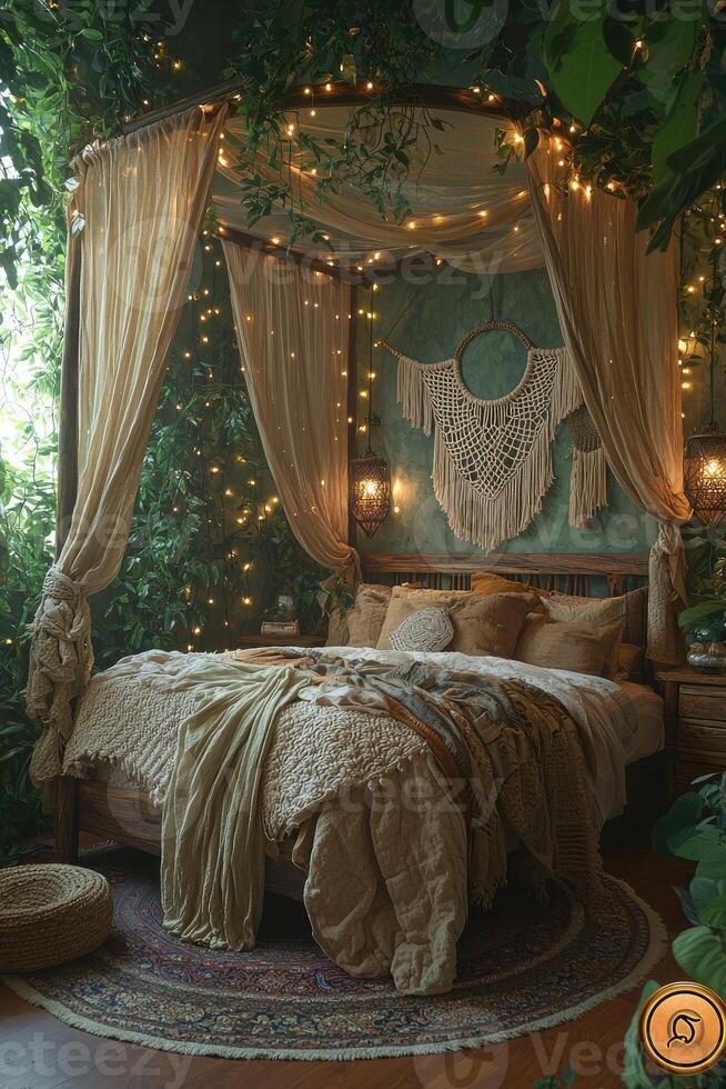 A Relaxing Bedroom Featuring Canopy Bed and Decorative Elements photo