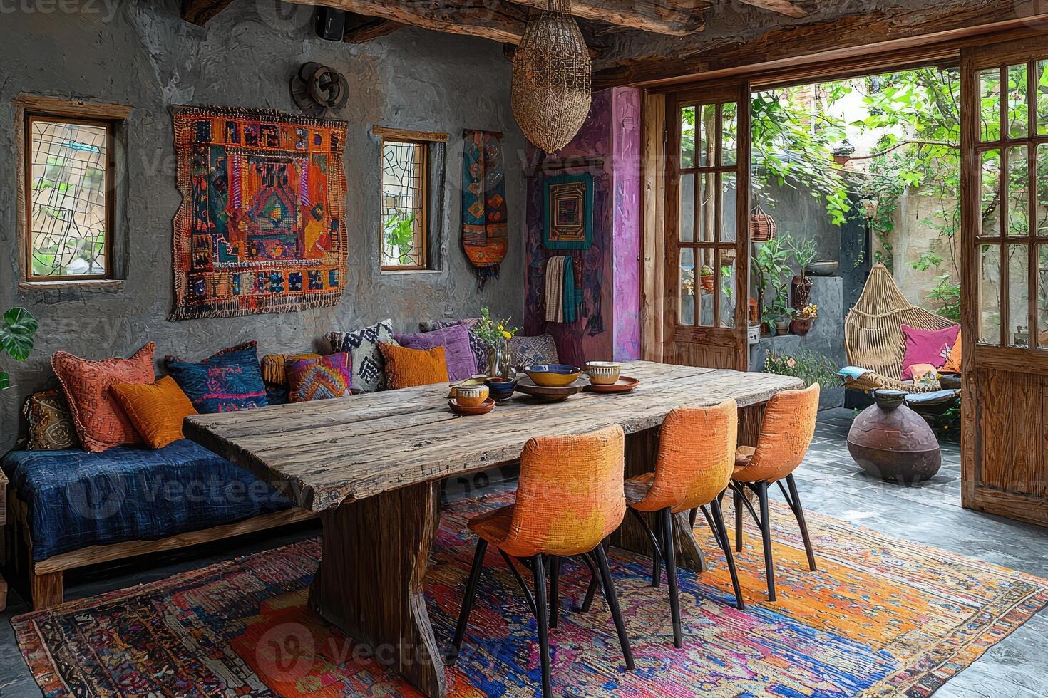 A Rustic Dining Room Featuring Eclectic Decor and Courtyard Access photo