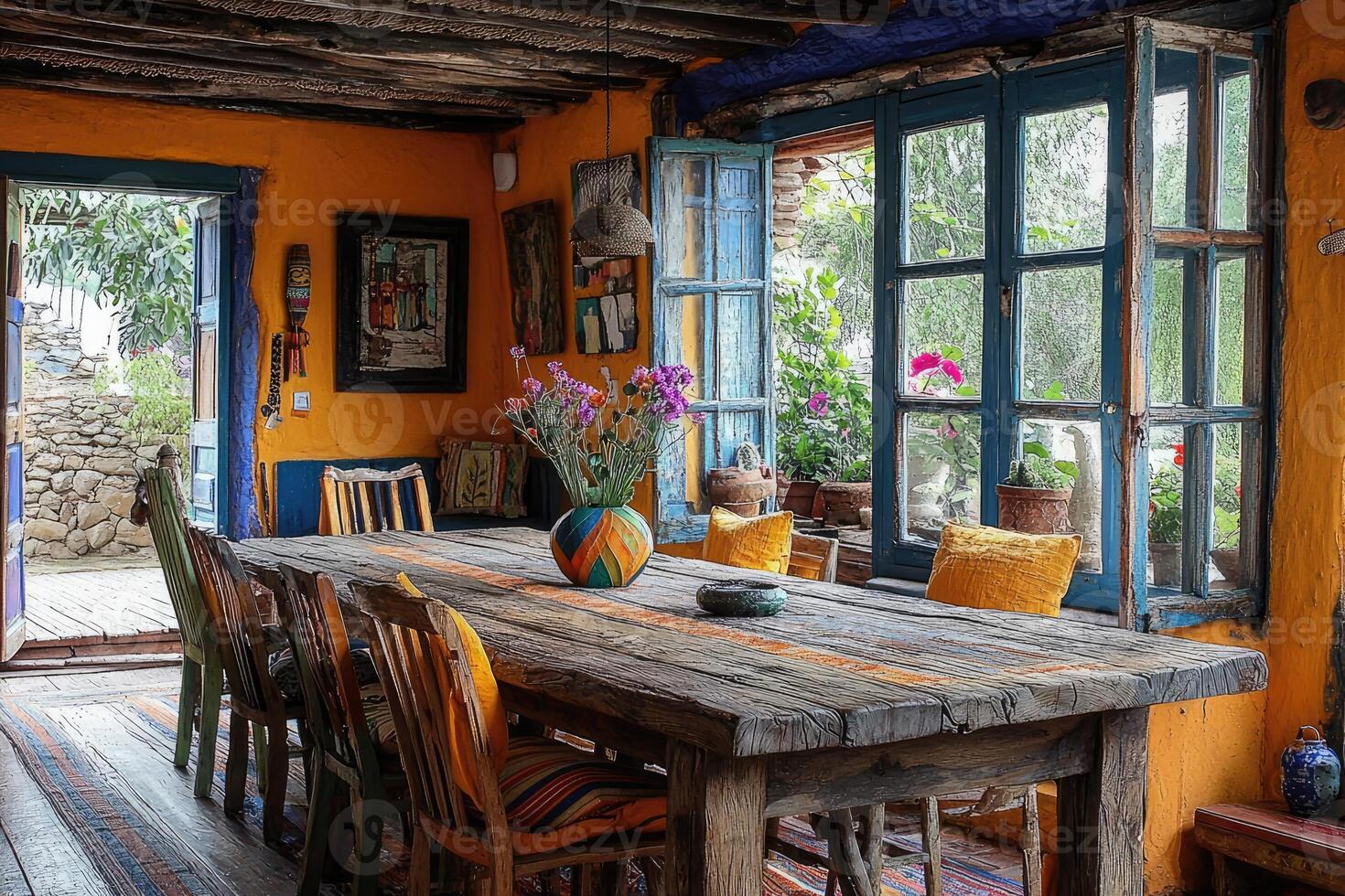 A rustic dining room filled with colorful and vibrant furnishings photo