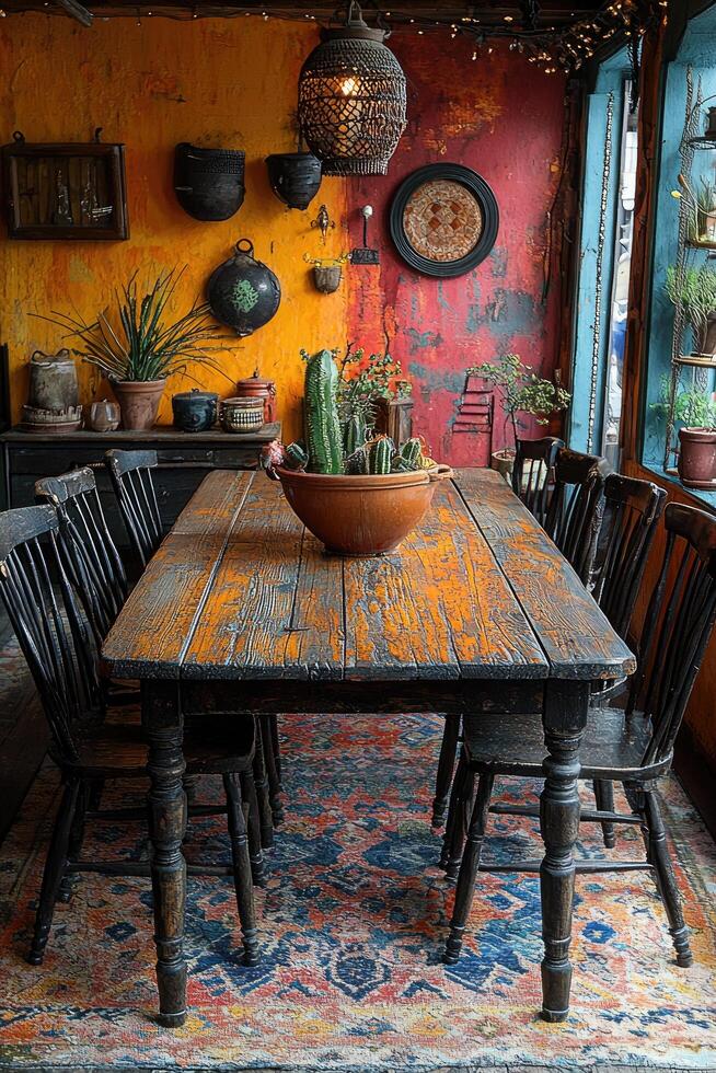 A rustic wooden table surrounded by chairs in a warm room photo
