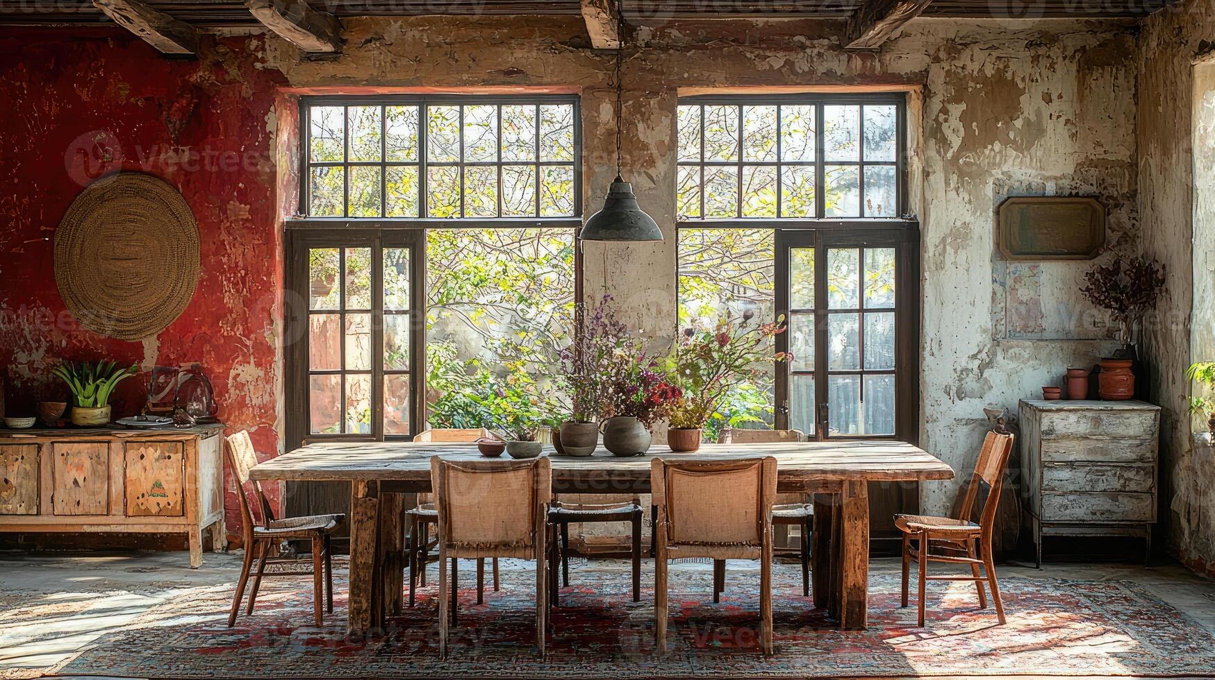 Interior scene featuring a large table and natural light and decor photo