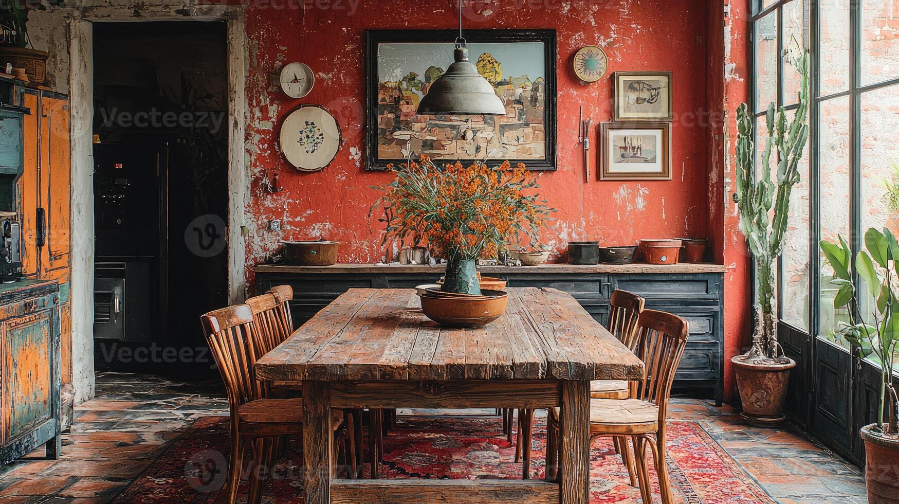 Rustic dining room with table chairs and artistic wall decor photo