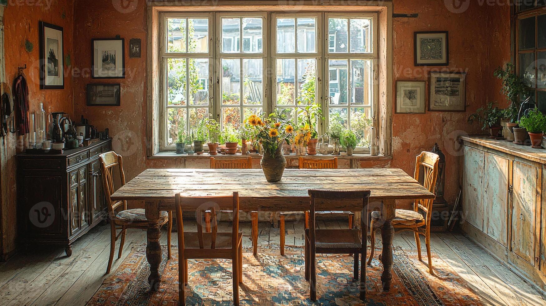 A rustic dining room features a table with sunlight streaming through windows photo