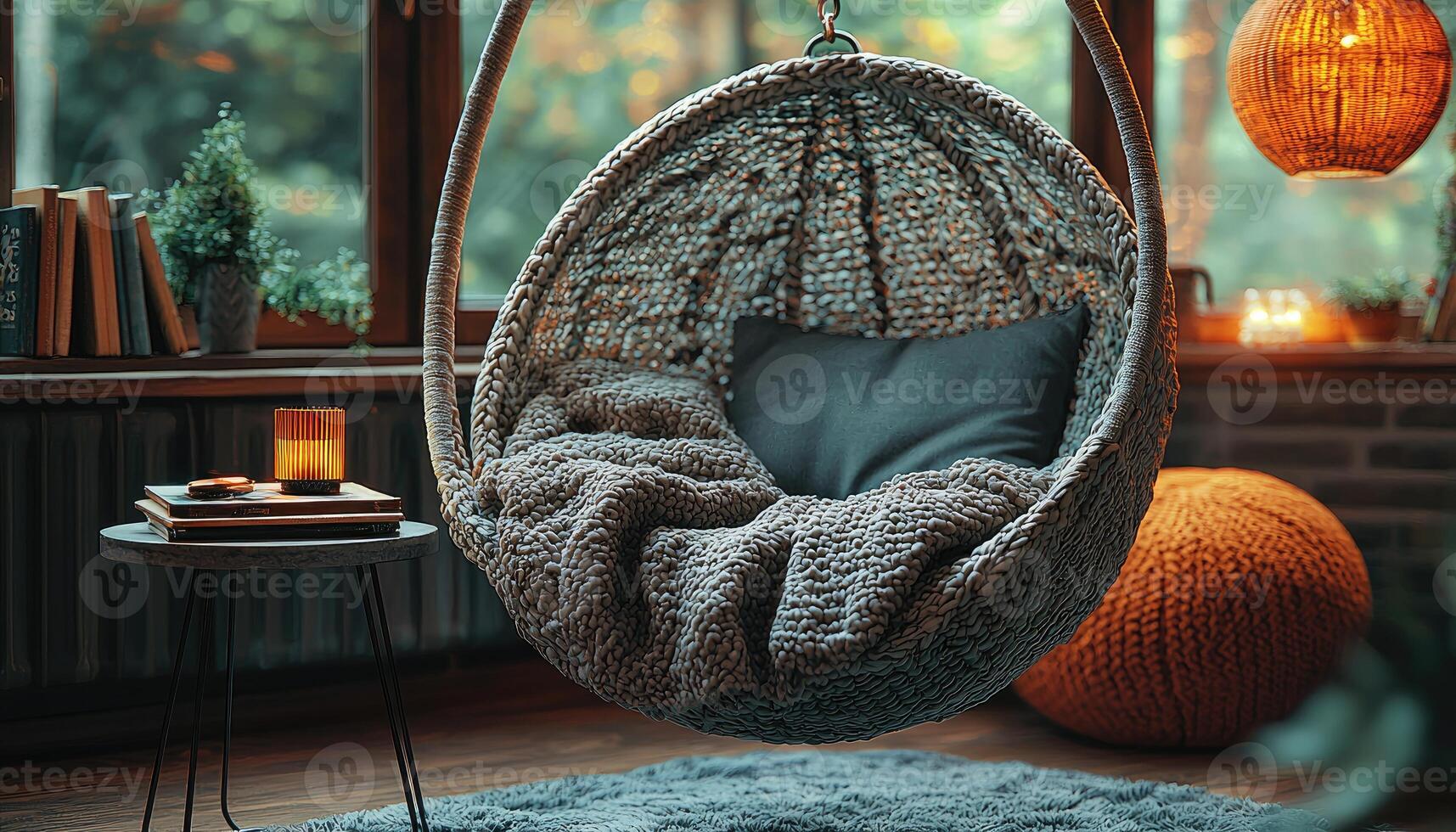 Cozy indoor scene featuring a hanging chair and soft decorations photo