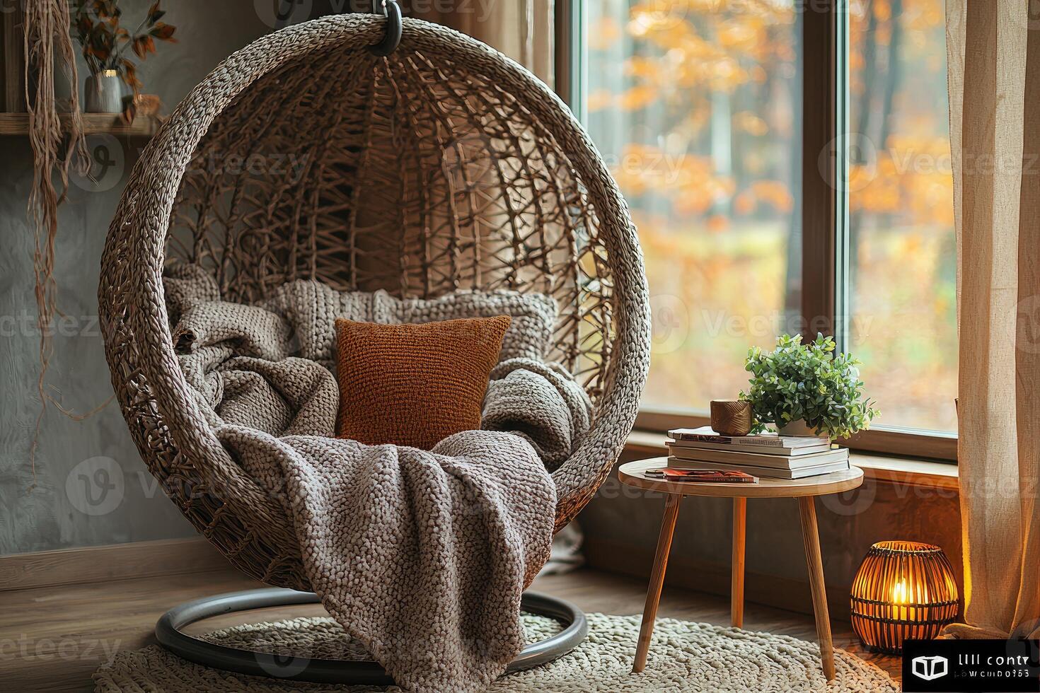A cozy indoor space with a hanging egg chair photo