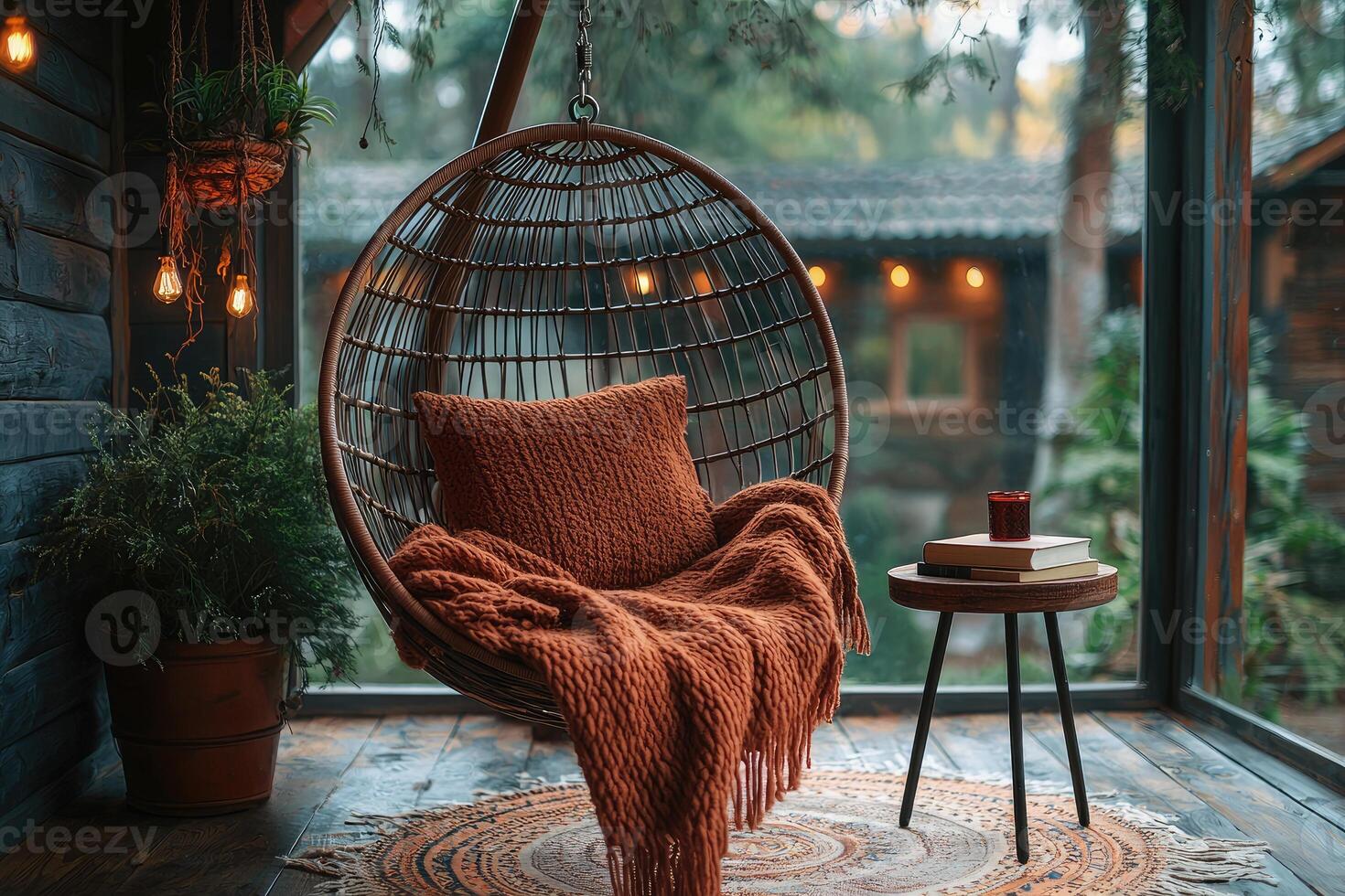 A cozy woven hanging chair invites relaxation with a warm setting photo