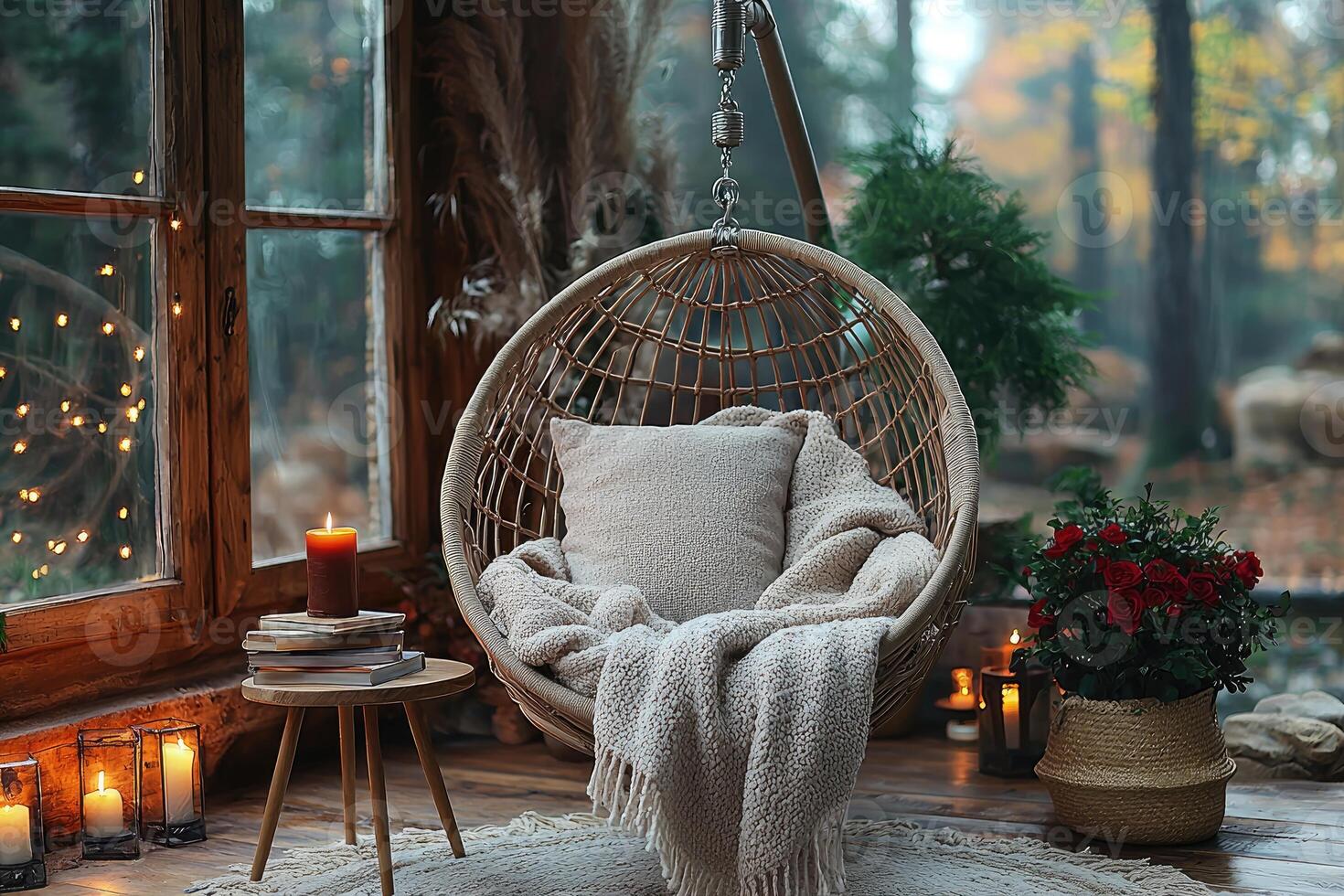A Cozy Interior With A Hanging Chair And Candles photo