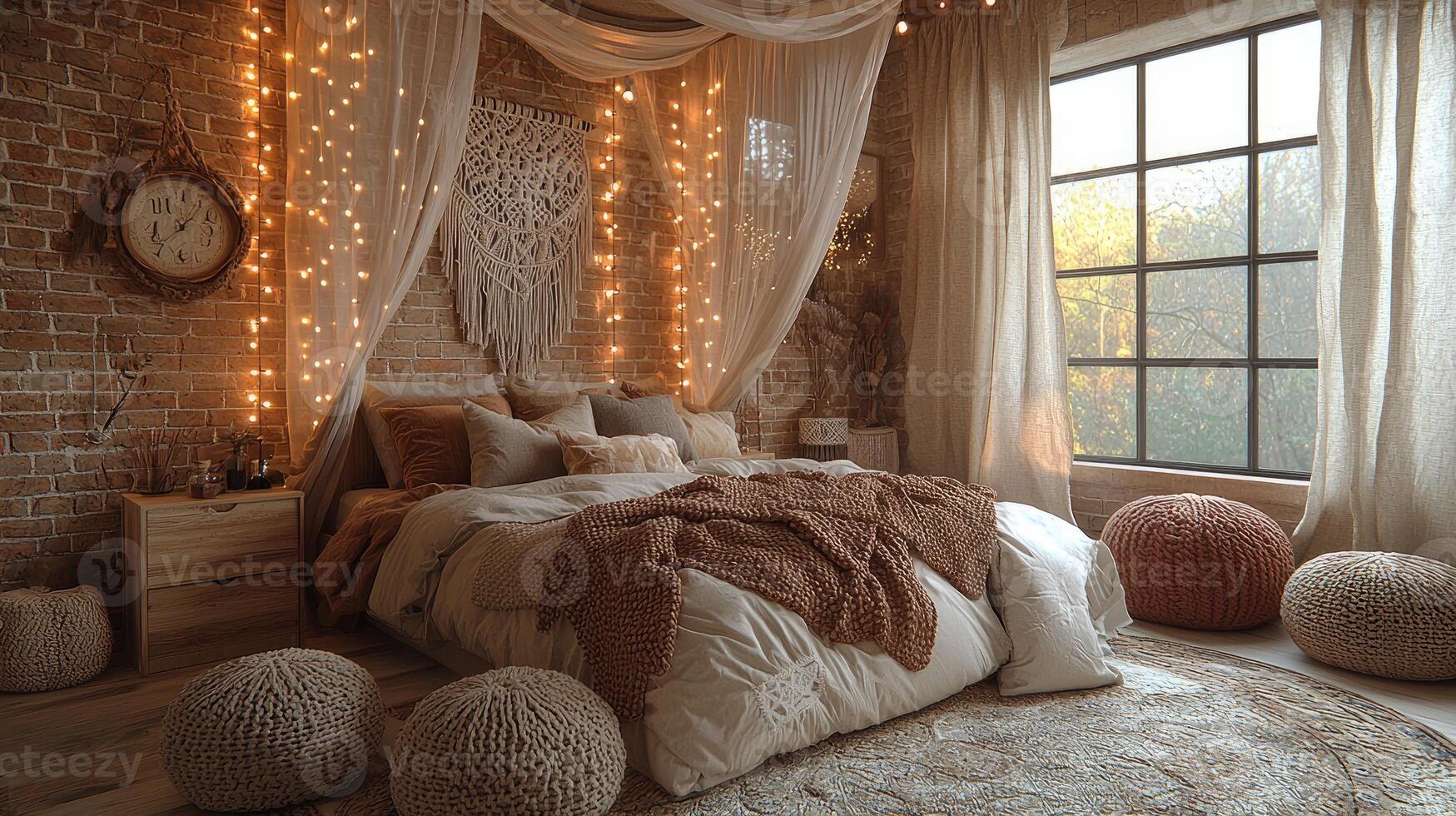 A cozy bedroom with comfortable bedding and string lights photo