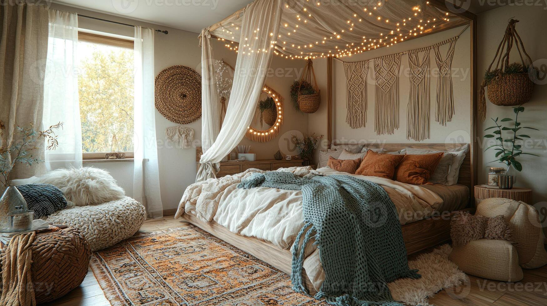 A cozy bedroom decorated in a bohemian style with string lights photo