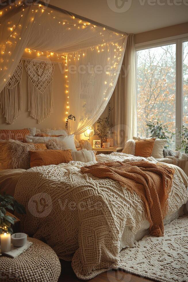 Cozy and warm bedroom with bed decorated with soft textures photo