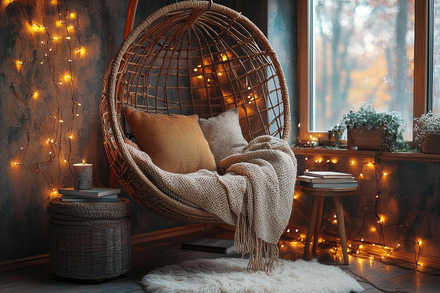 A cozy indoor scene with hanging chair and warm lighting photo