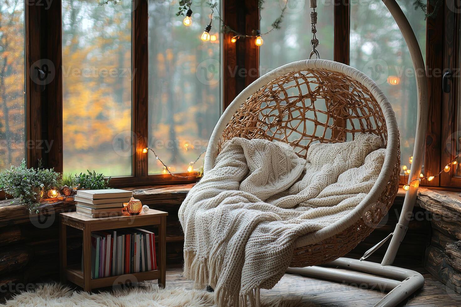 A cozy indoor scene with a hanging chair and a blanket photo