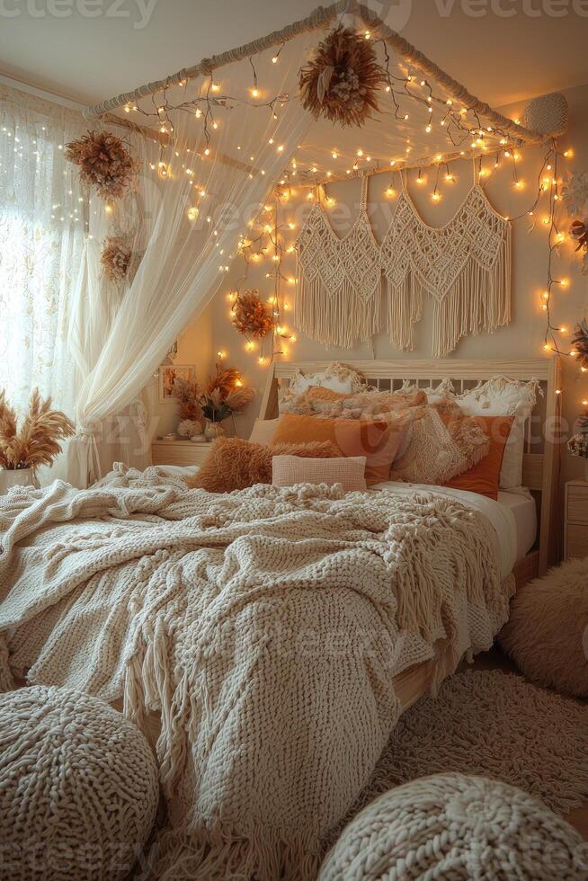 A cozy bedroom decorated with lights and warm neutral colors photo