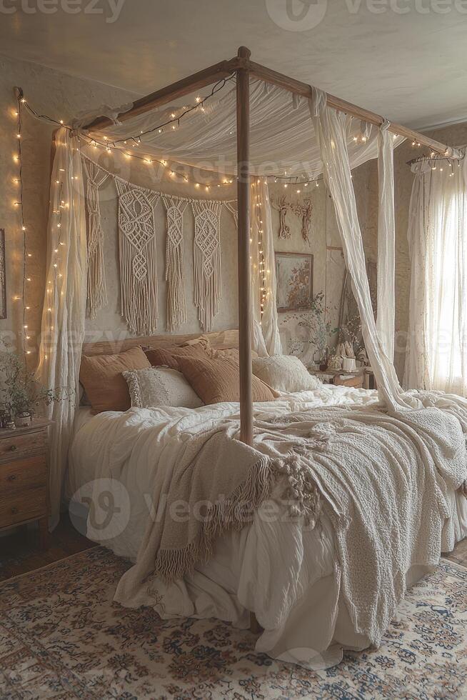 A Beautiful Bedroom Featuring Cozy Decor And Decorative Lighting photo