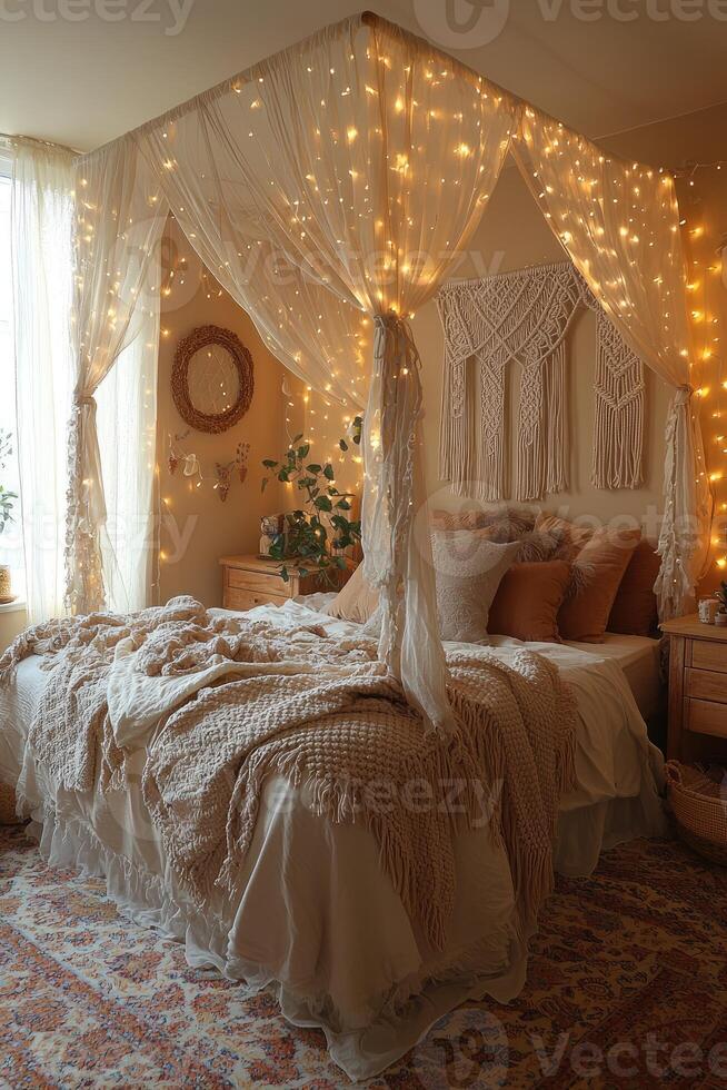 A cozy bedroom featuring draped canopy with decorative fairy lights photo