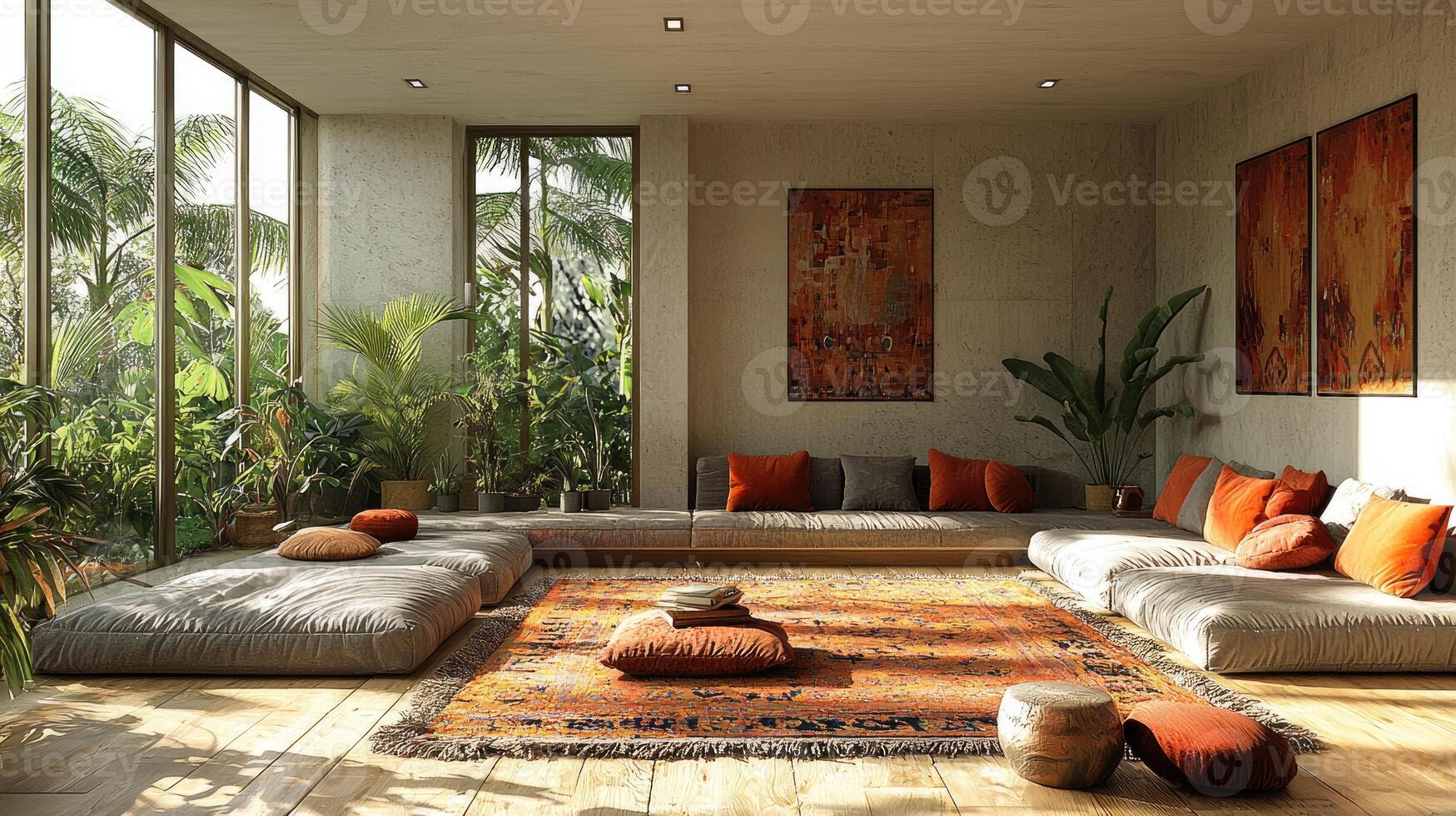 A cozy indoor lounge with large windows and vibrant plants photo