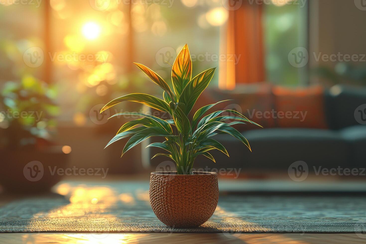A potted plant inside a home with sunlight shining brightly photo
