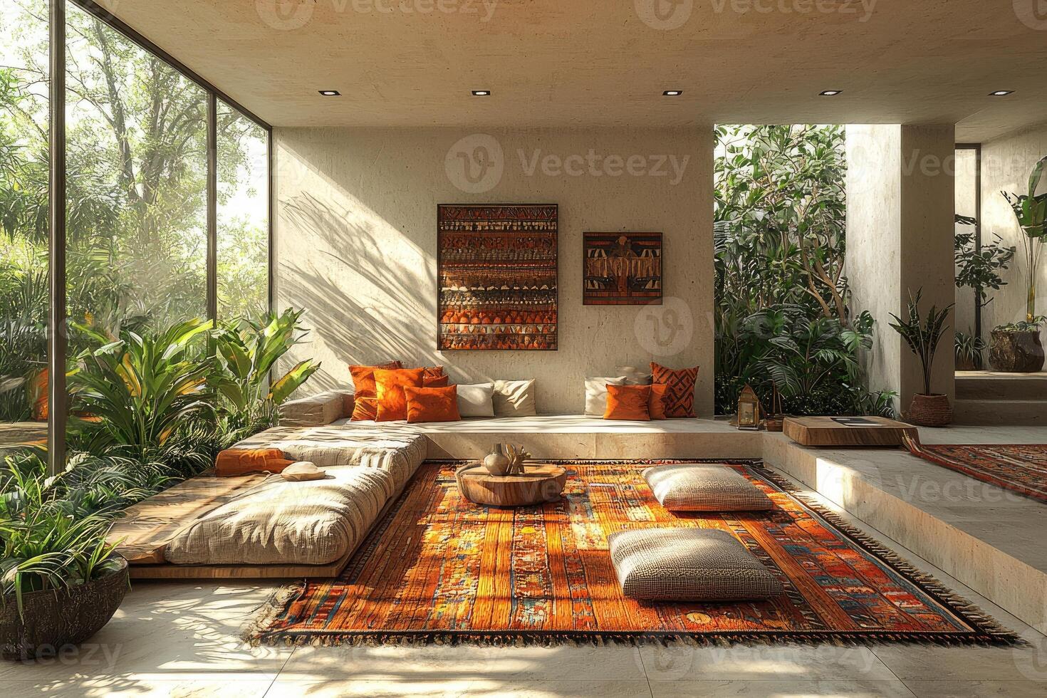 A tranquil indoor space featuring natural light and lush greenery photo