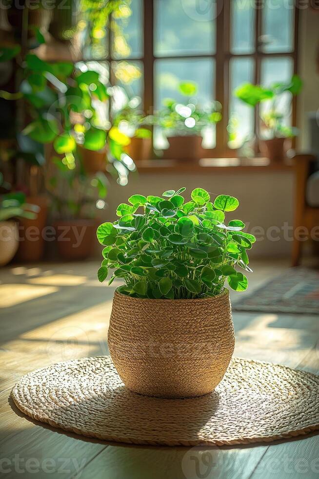 A beautiful plant in a pot sits near a bright window photo