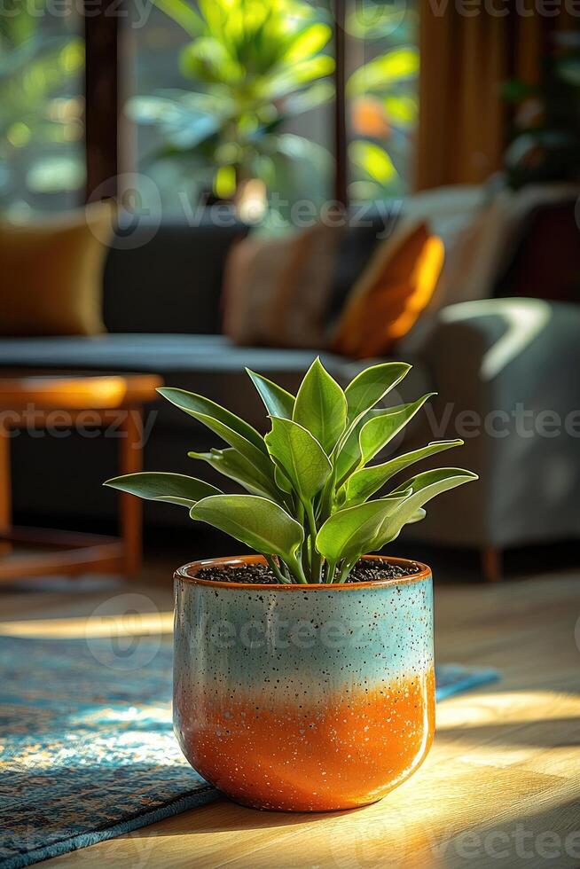 A potted green plant sits inside of a modern living space photo