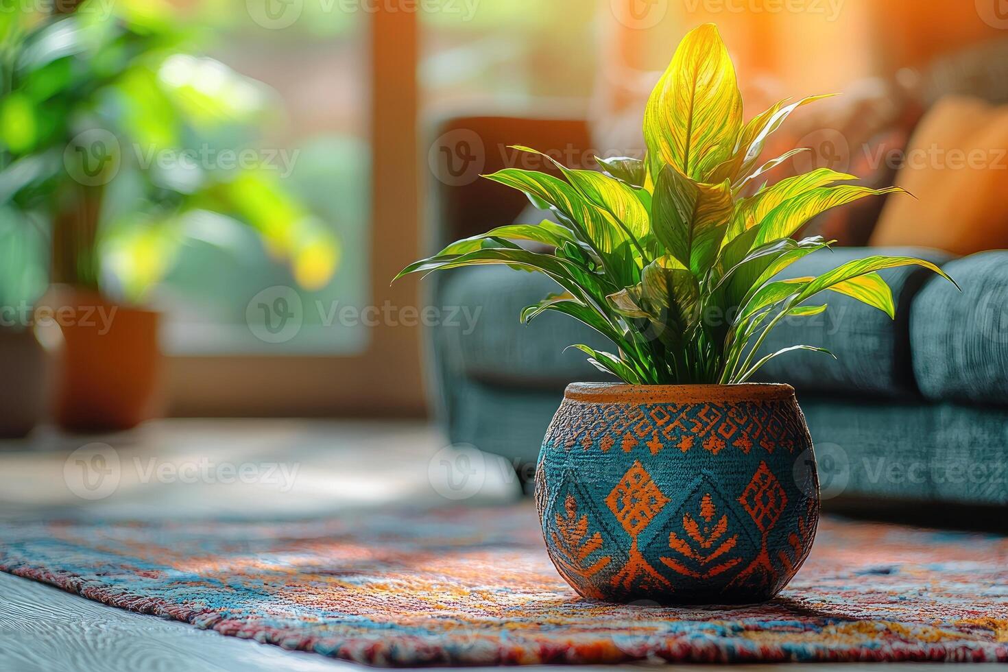 A vibrant houseplant pot displayed on patterned area rug indoors photo