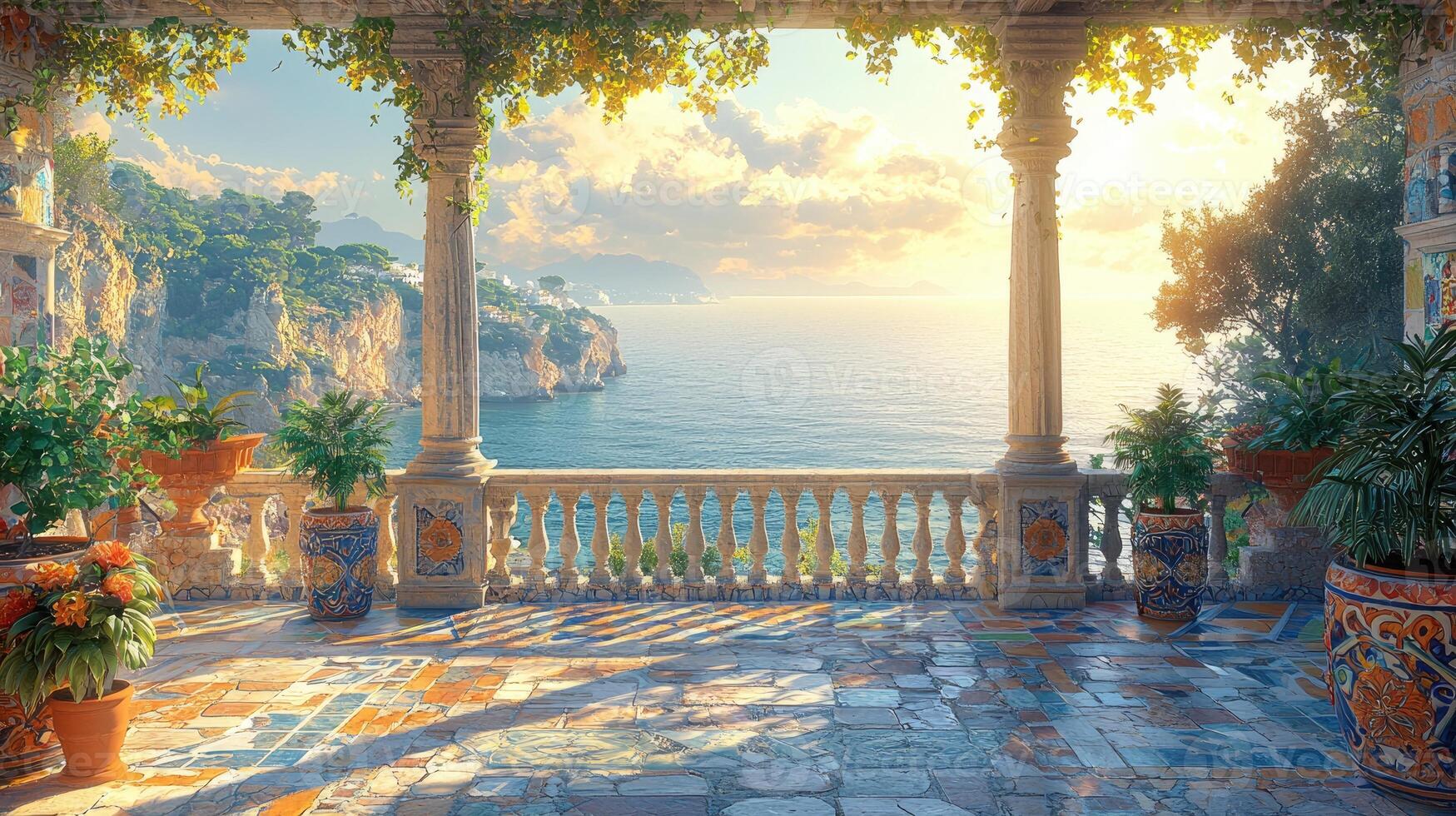 An elegant seaside balcony overlooks a beautiful tranquil ocean landscape photo