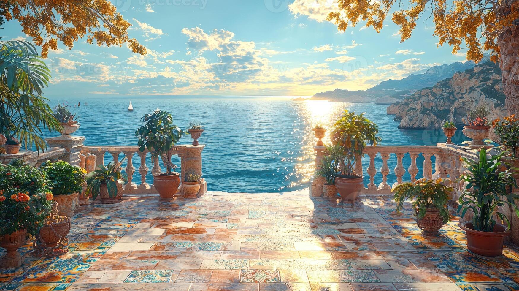 Scenic seaside view from a tiled patio overlooking a tranquil ocean photo
