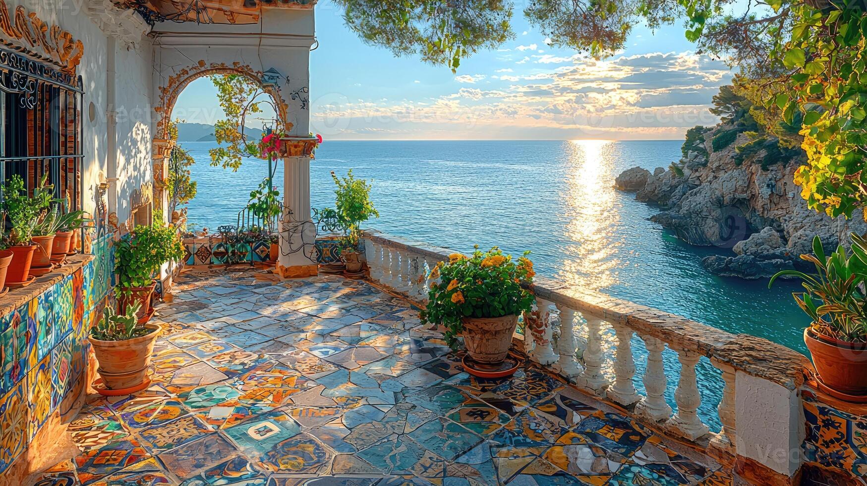 A beautiful seaside balcony with ocean view and decorative elements photo