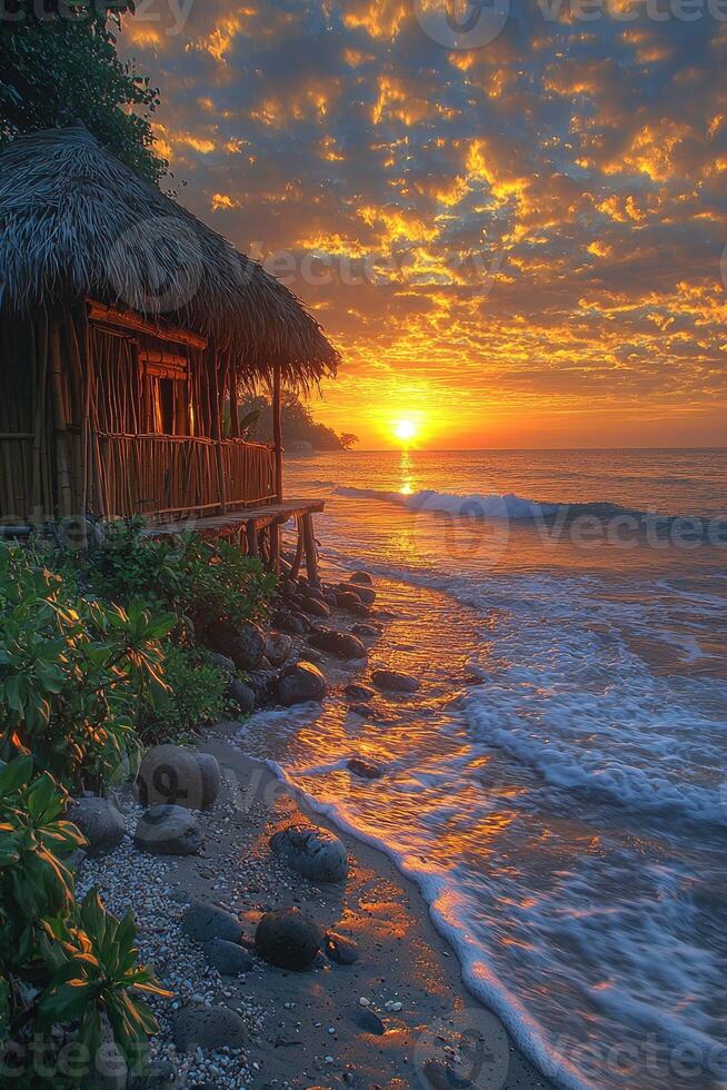 A beautiful tropical sunset illuminates a beach hut near the ocean photo