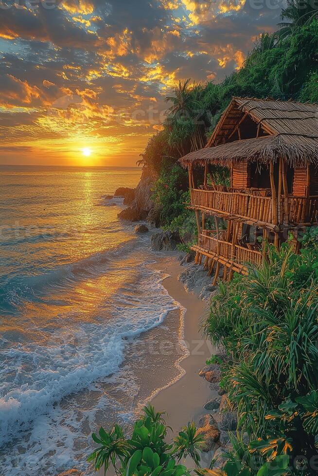 A beautiful coastal sunset over the ocean with a hut photo