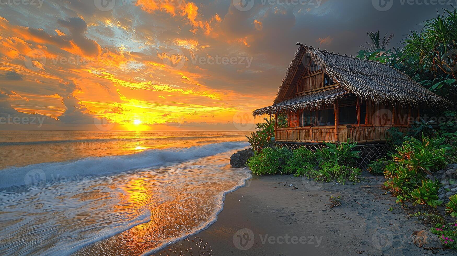 A beautiful beachside bungalow witnesses a vibrant golden sunset over ocean photo