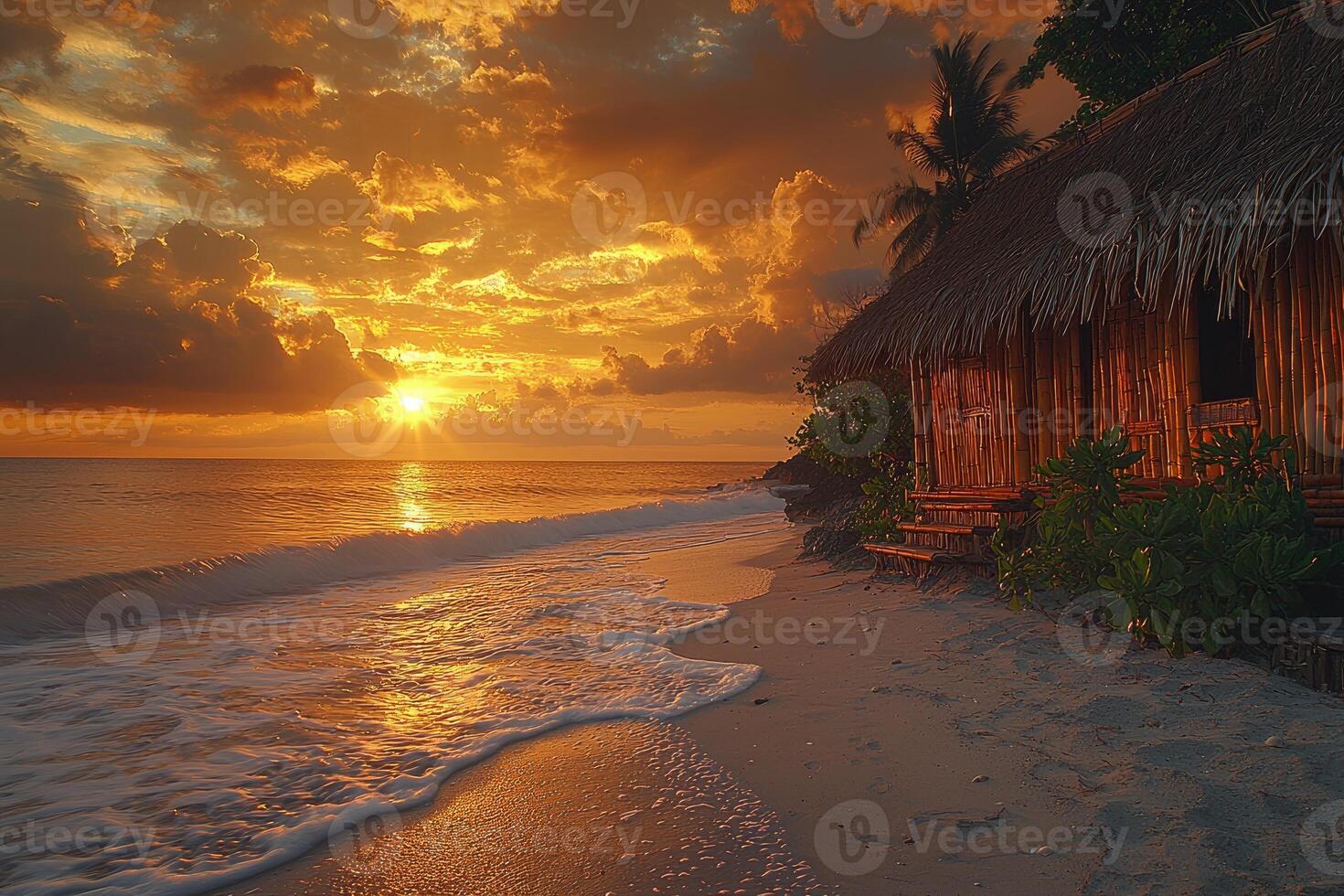 A beautiful tropical sunset over the sea next to a beach hut photo