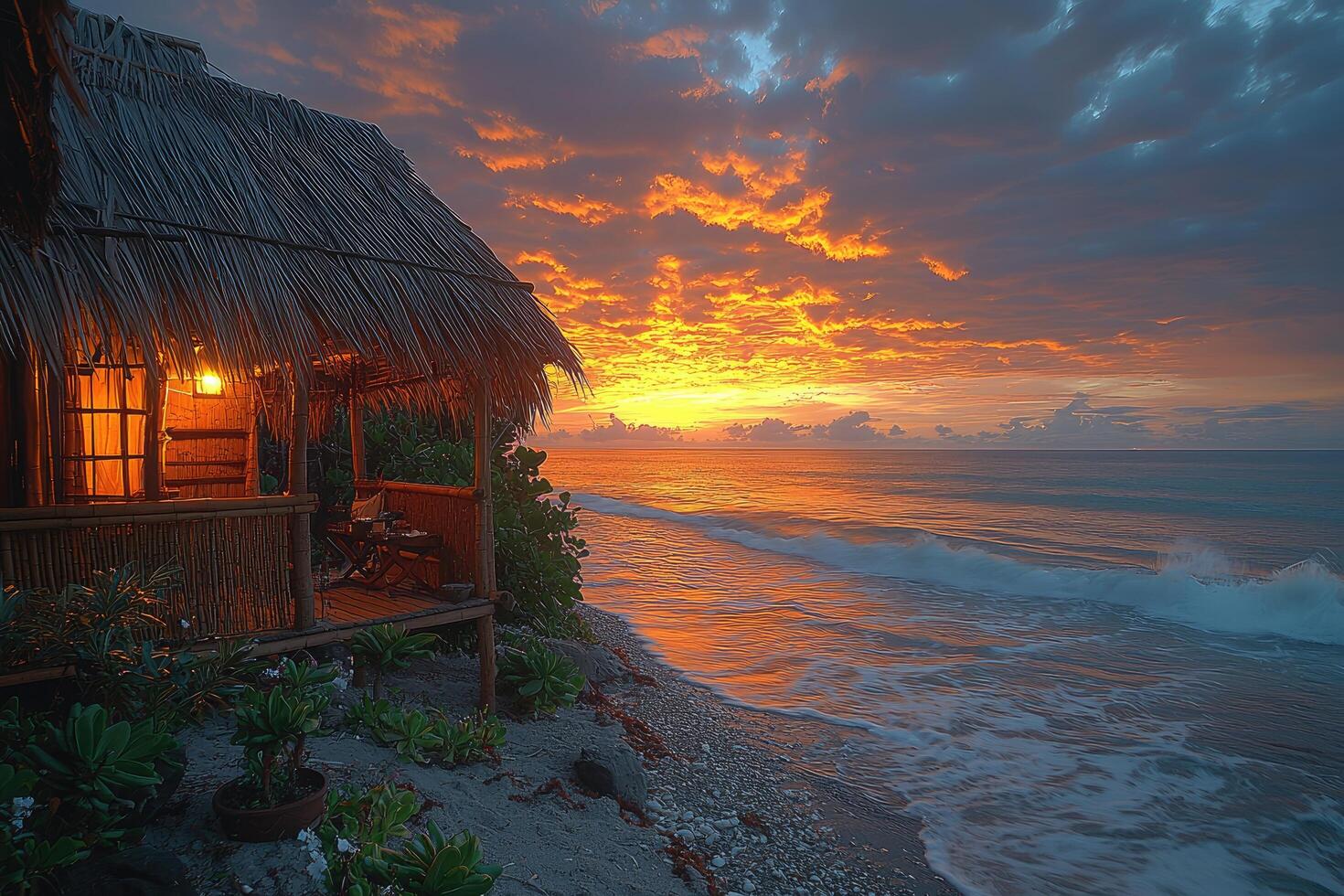 A beautiful tropical hut sits at the edge of the ocean photo