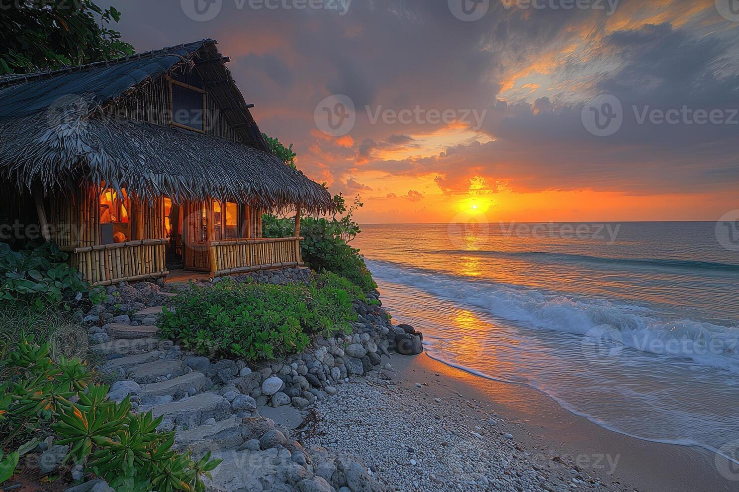 A cozy bamboo hut near the shore watching a beautiful sunset photo