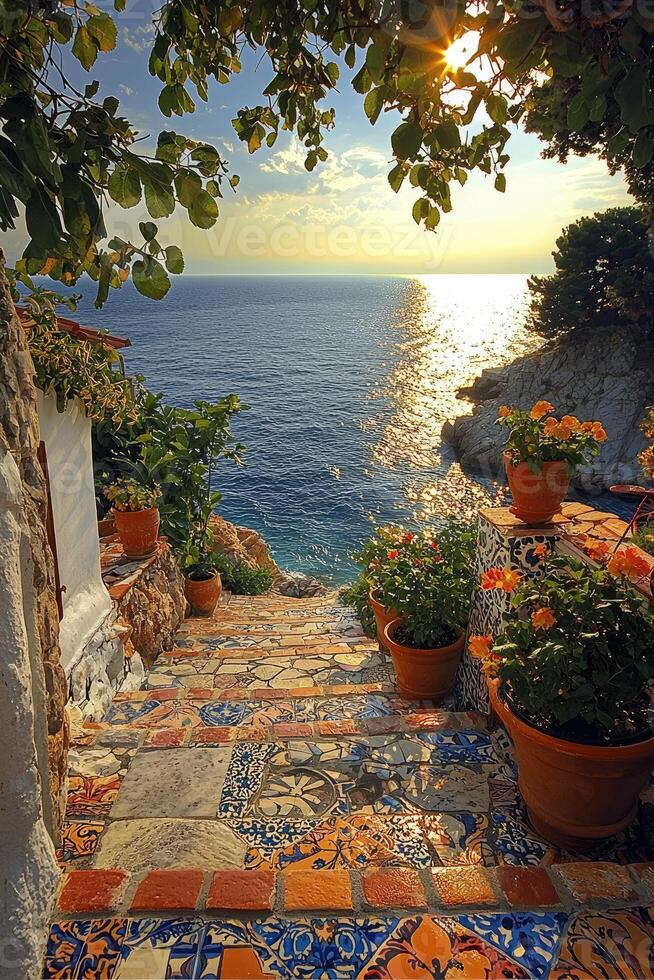 A scenic coastal stairway descends to the radiant sunlit sea waters photo