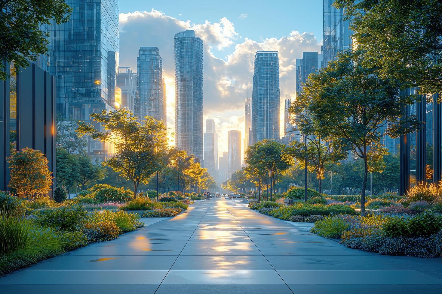 A vibrant city park avenue surrounded by buildings and trees photo