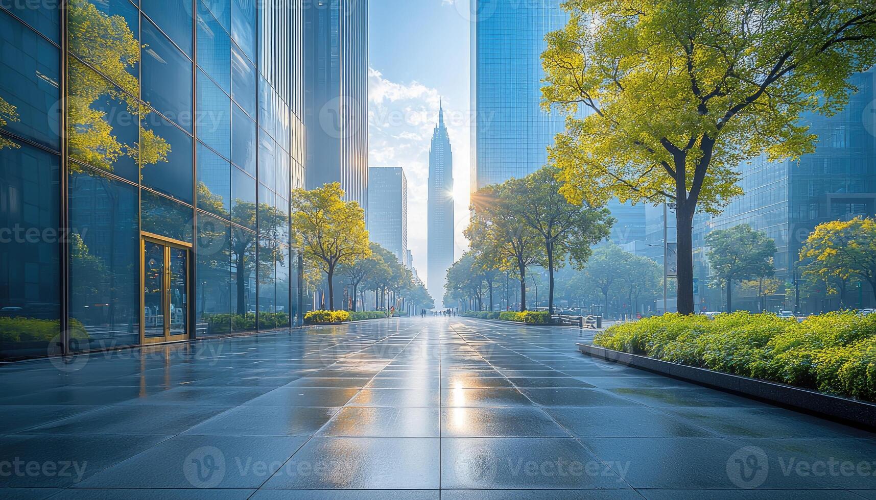 A sunny street scene with modern buildings and vibrant trees photo