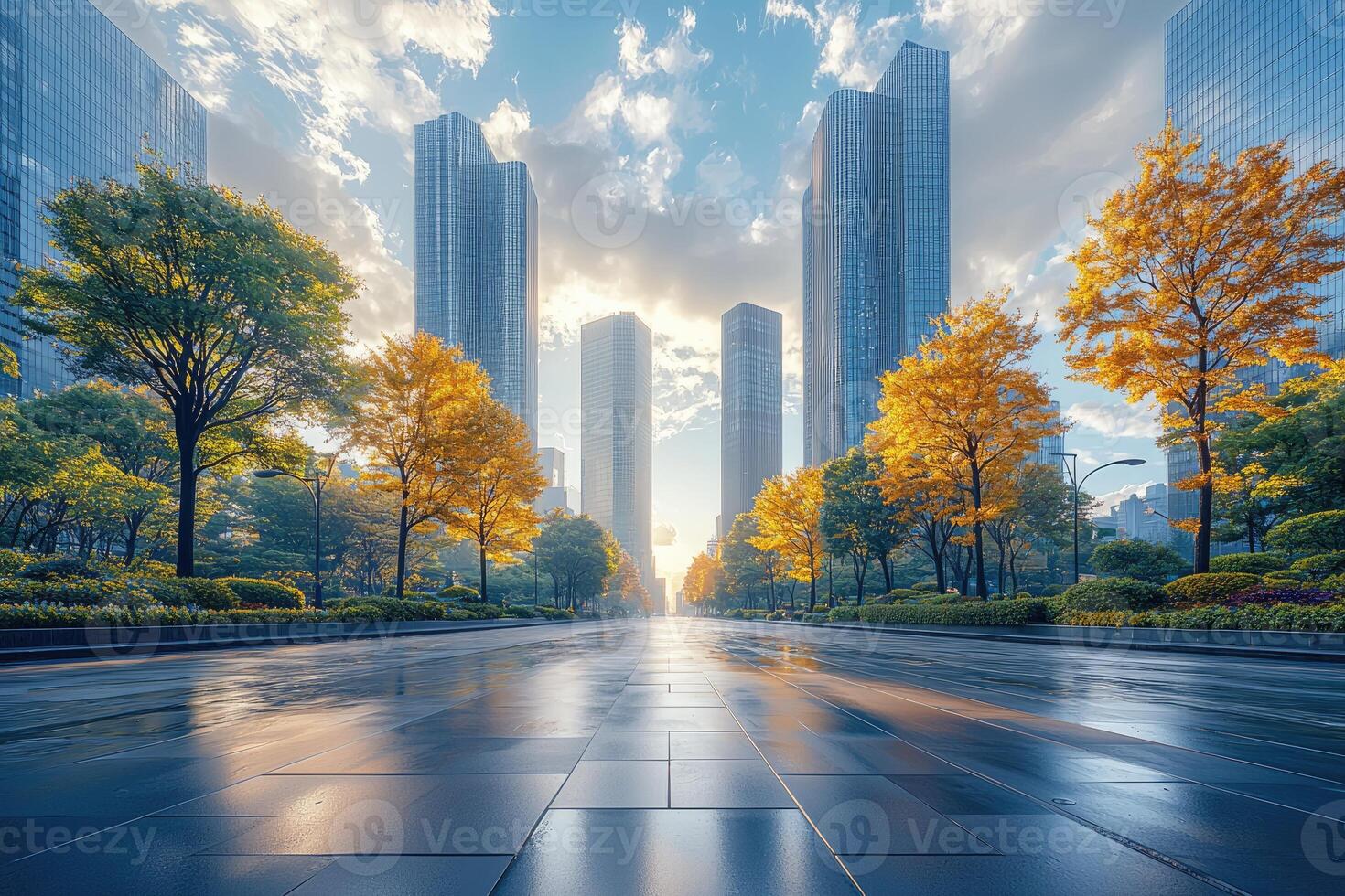 City street lined with trees and tall buildings beneath cloudy sky photo