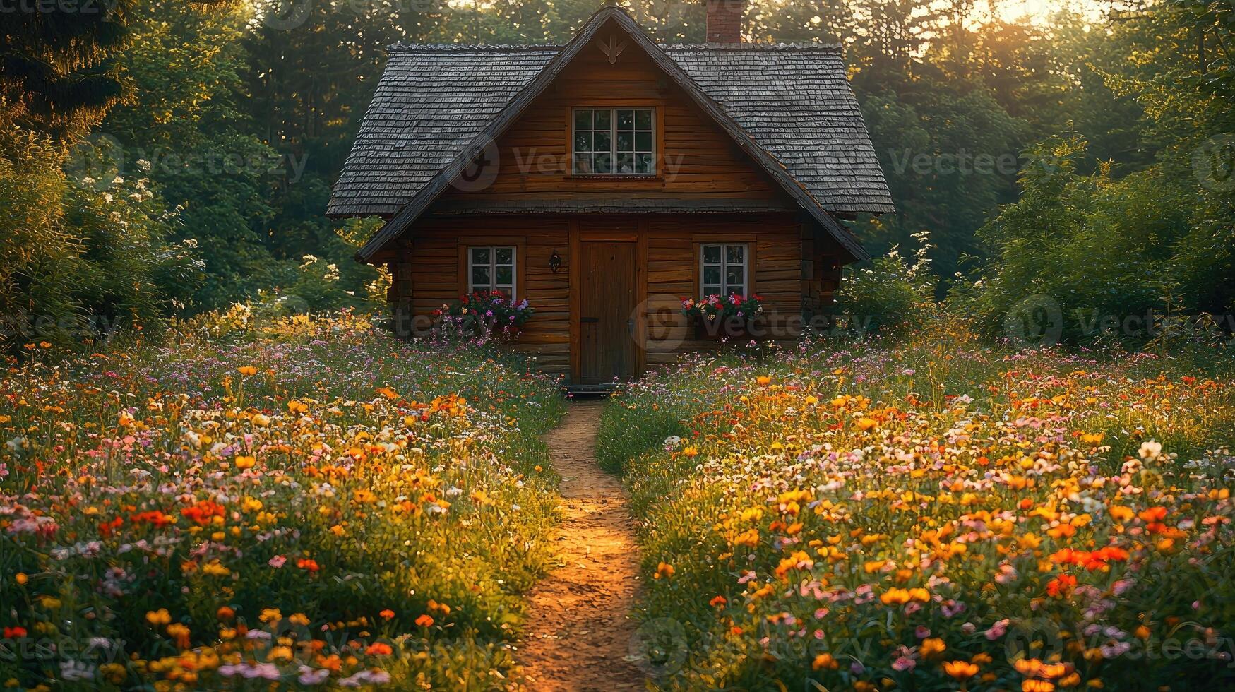 A Small Wooden Cabin Situated Amongst Colorful Wildflowers and Nature photo