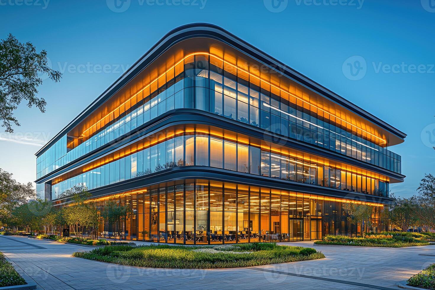 Modern office building with illuminated windows and landscaped surroundings at dusk photo