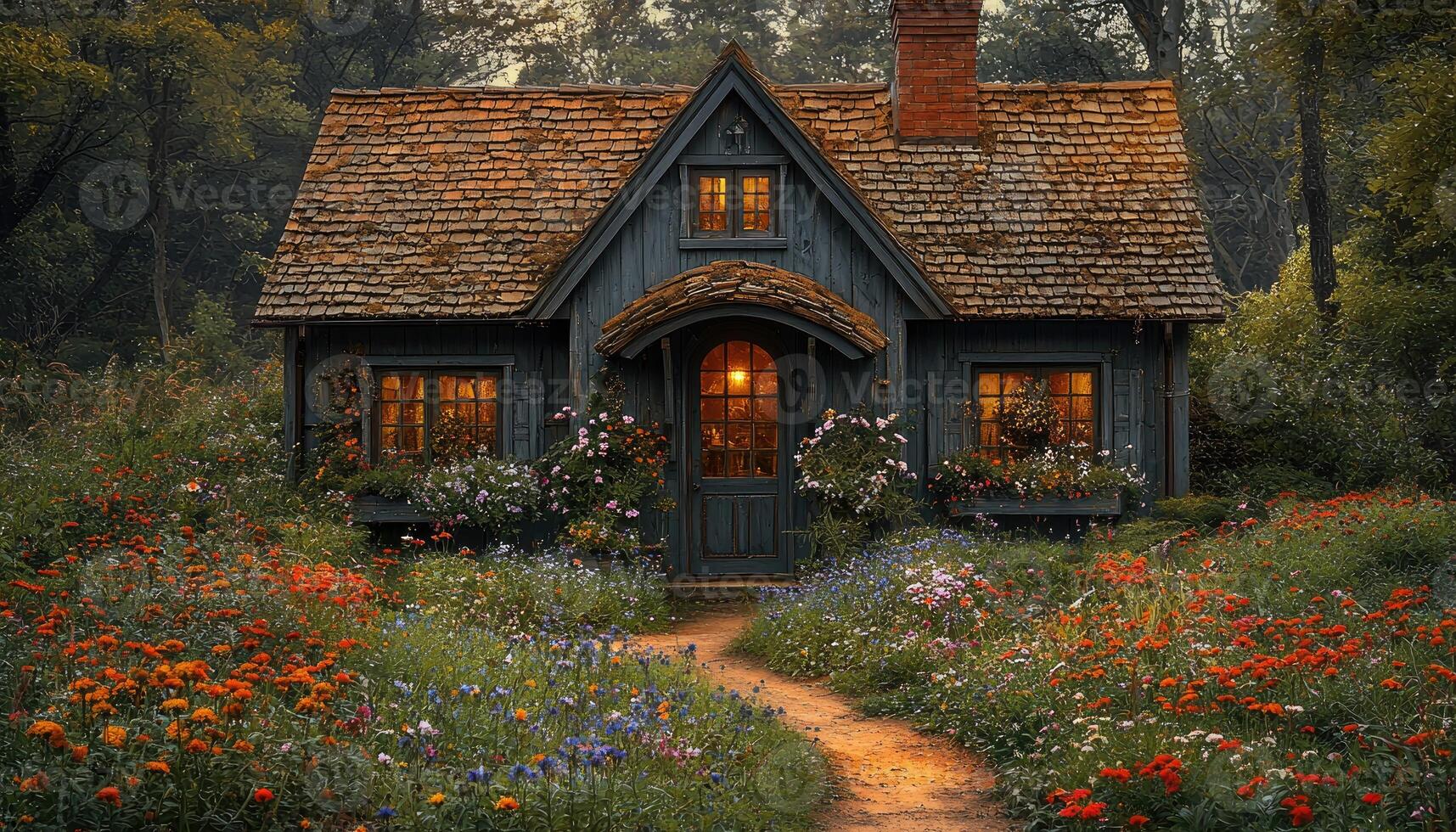 A quaint cottage nestled in a serene flourishing garden setting photo