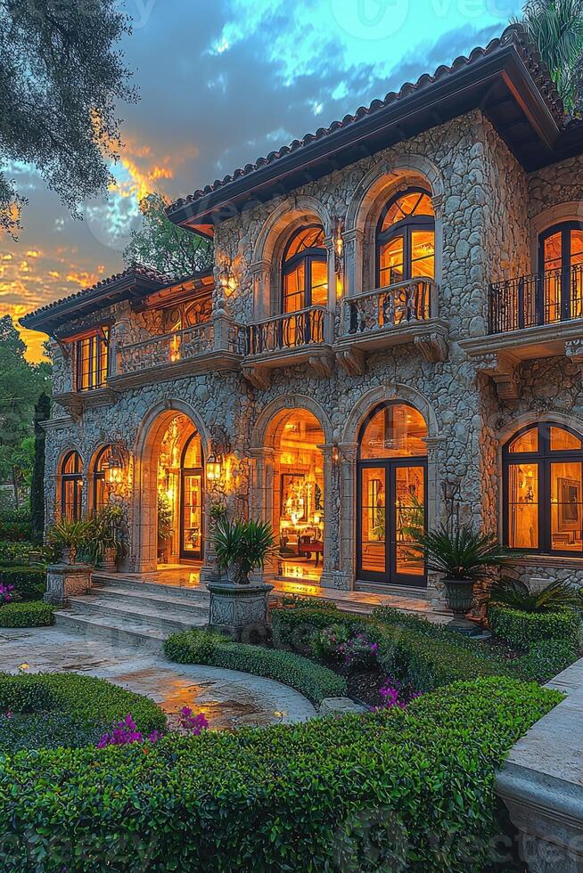 Luxurious stone mansion with elaborate architectural details at dusk time photo