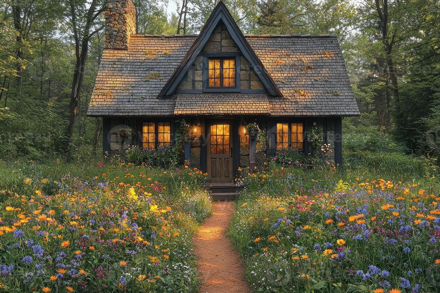 A charming cottage surrounded by colorful wildflowers in a forest photo