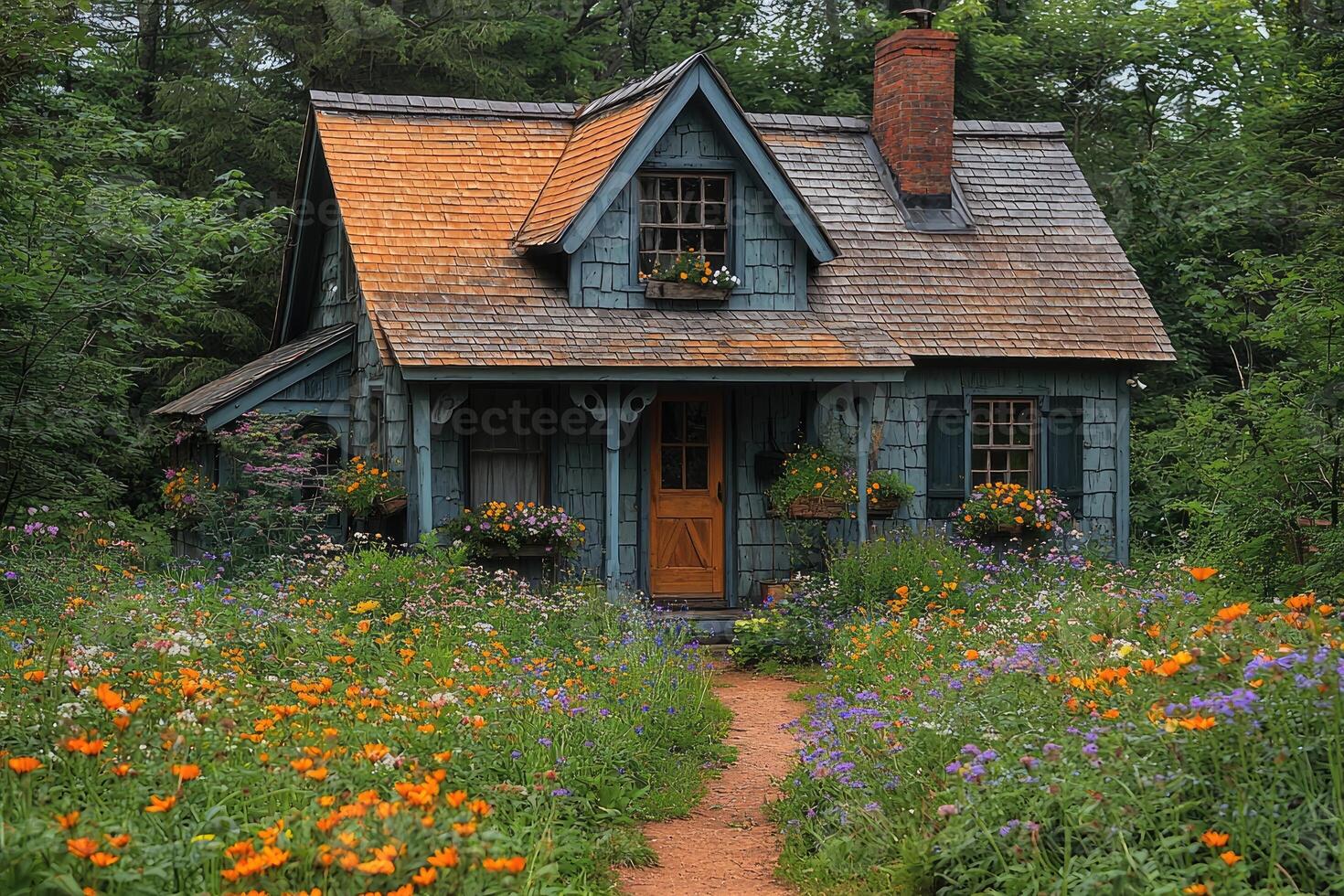 A charming cottage surrounded by colorful wildflowers and lush greenery photo