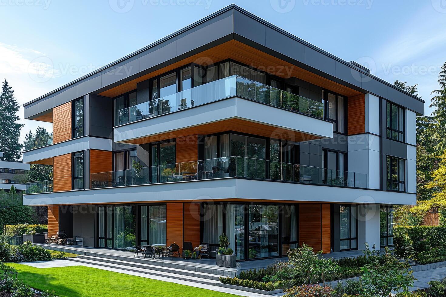 A modern multi level apartment building with balconies and landscaping photo