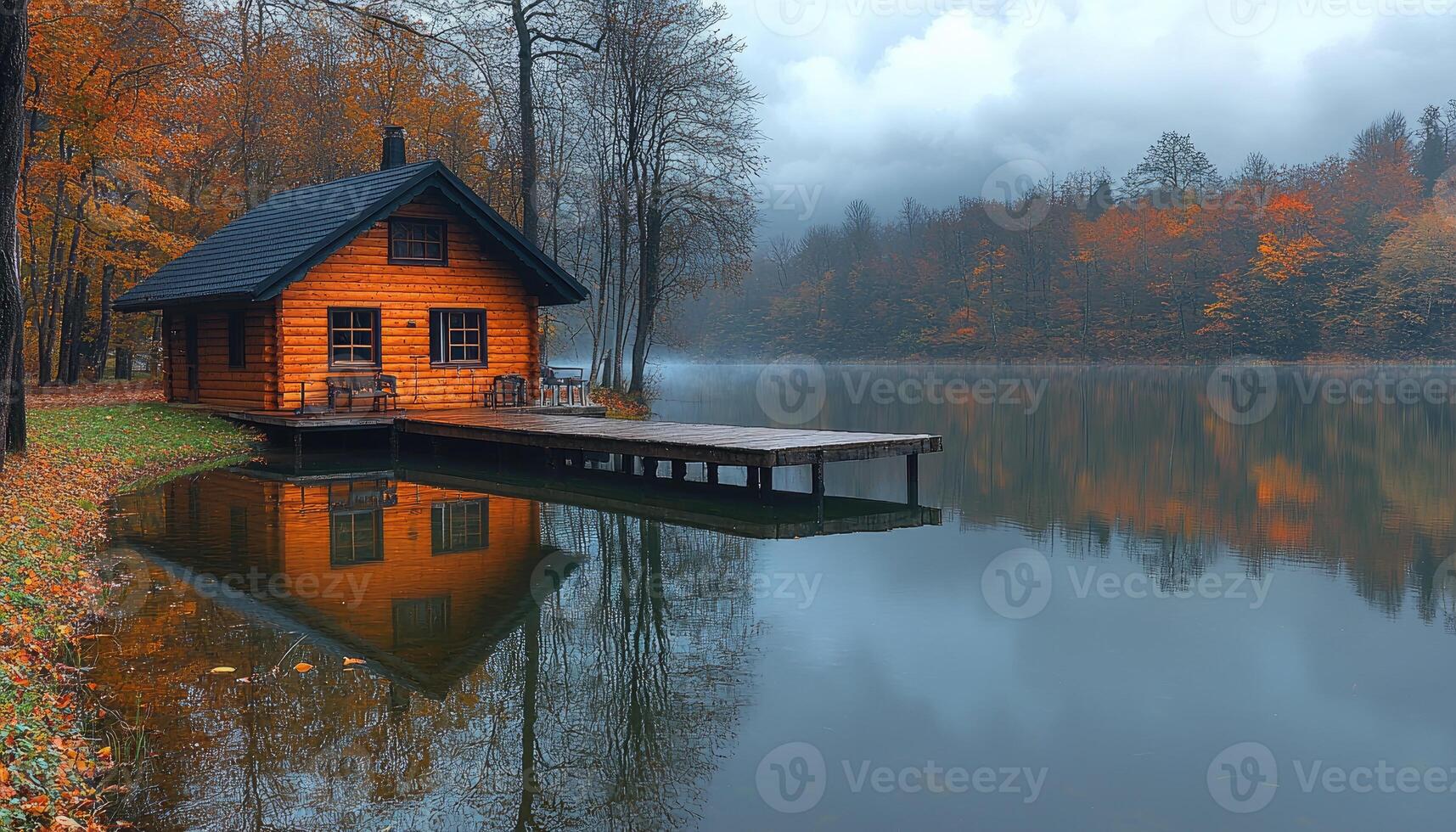 A cozy lakeside cabin on a beautiful autumn morning is shown photo
