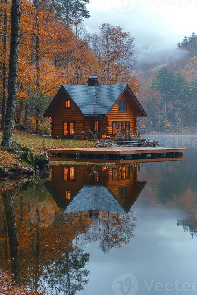 A wooden cabin sits serenely beside a reflective lake in fall photo