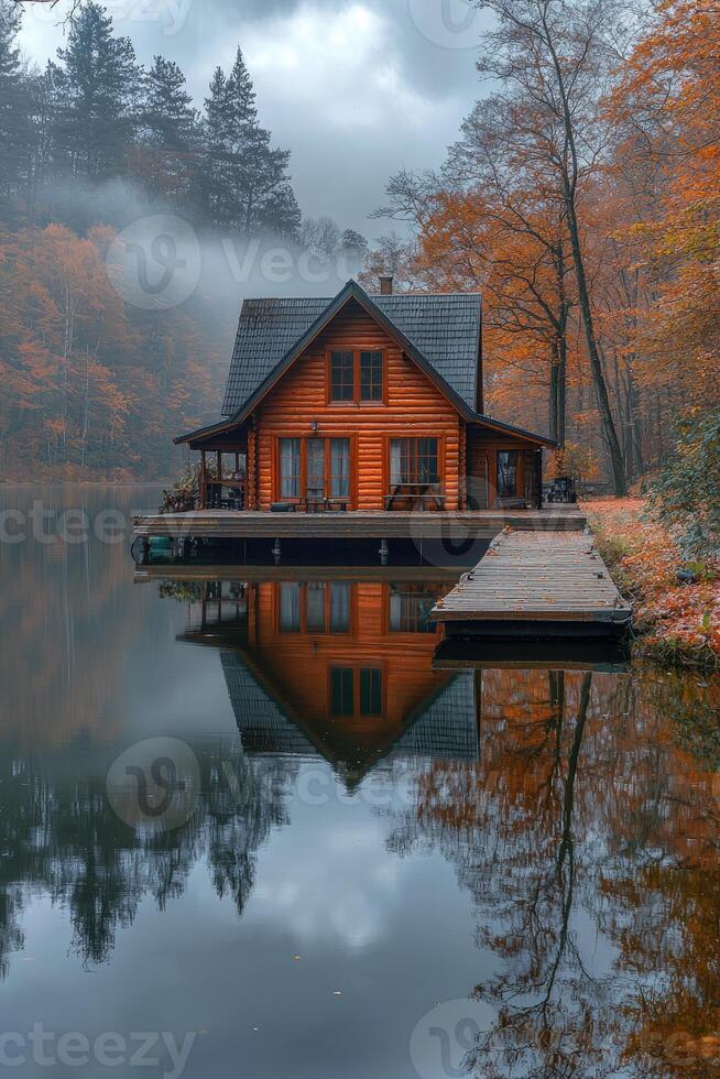 A wooden cabin stands on a lake reflecting in the still water photo