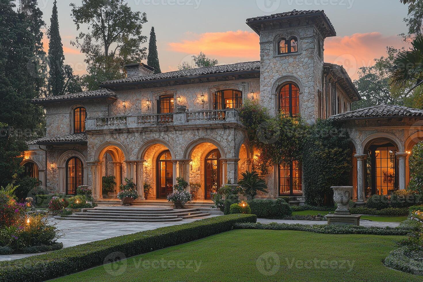 Luxurious stone mansion with manicured gardens at twilight scenery photo